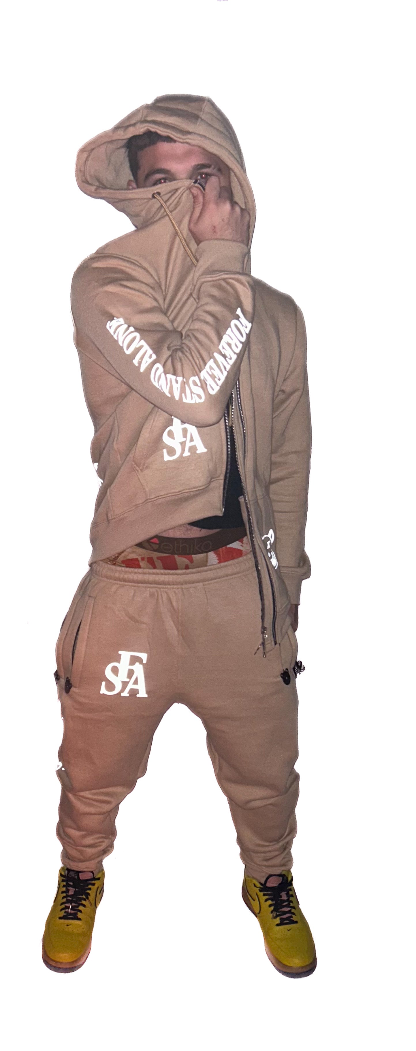 FSA Beige Reflective Double Zipper Sweatpants